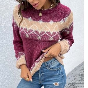 NWOT Wine Color Block Fair Isle Crewneck Sweater